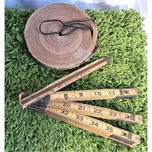 Vintage Measuring Tape Set Lufkin Rule Co. Wood Folding Ruler 72", Roll 100 Ft
